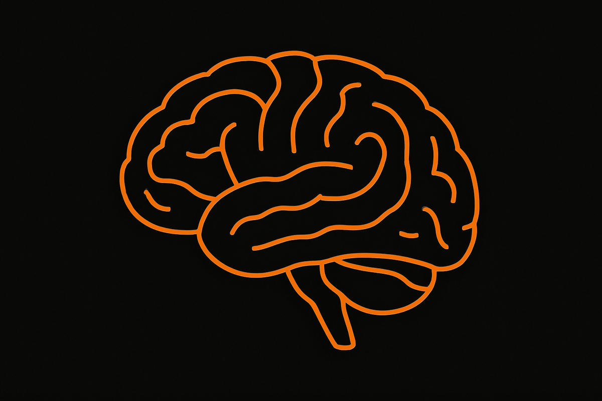 create an image of a brain outline in orange with the background in black 
